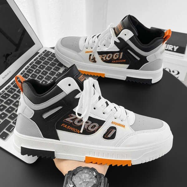 Shoes for men, trendy shoes for high school students, casual board shoes for men, versatile shoes for men, mid top sports, white shoes - Image 3